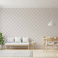 Pink Petal Lattice wallpaper behind a wood bench with white cushions and a dining set under a white pendant