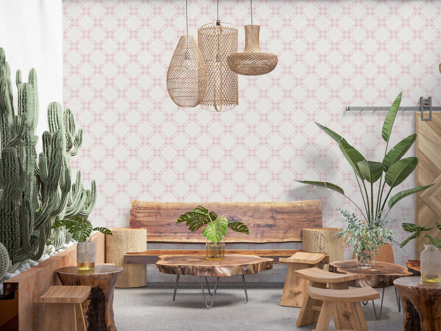 Pink Petal Lattice wallpaper in a rustic lounge with live-edge wood benches, cactus and woven pendants