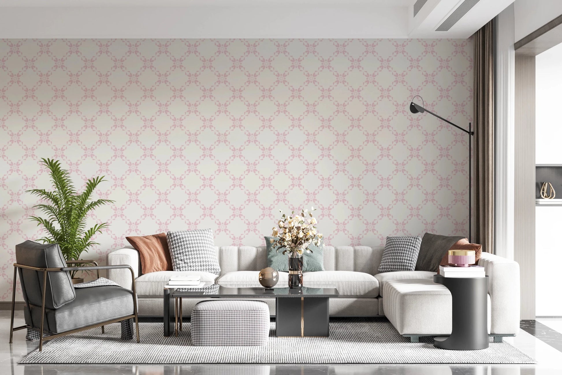 Pink Petal Lattice wallpaper behind a cream sectional, grey leather chair and houndstooth ottoman