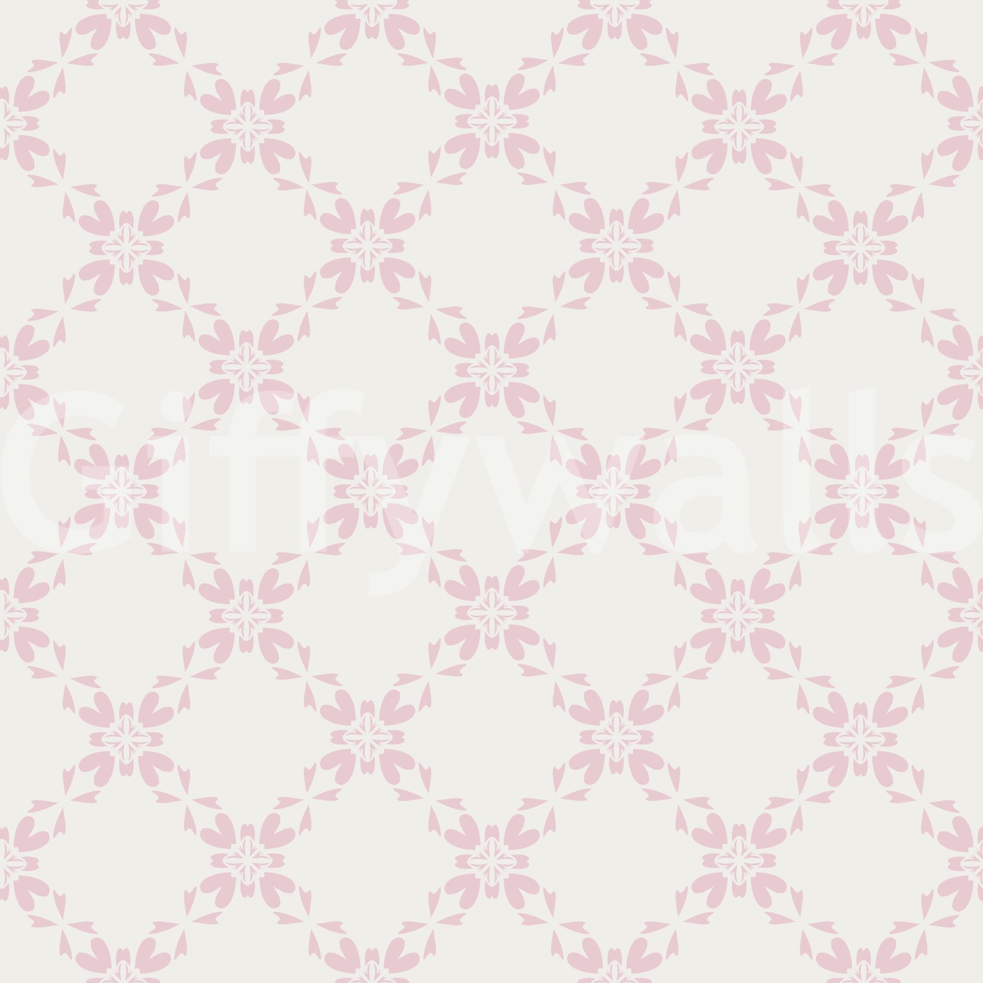 Pink Petal Lattice wallpaper close-up showing the soft pink petal trellis pattern on a cream ground