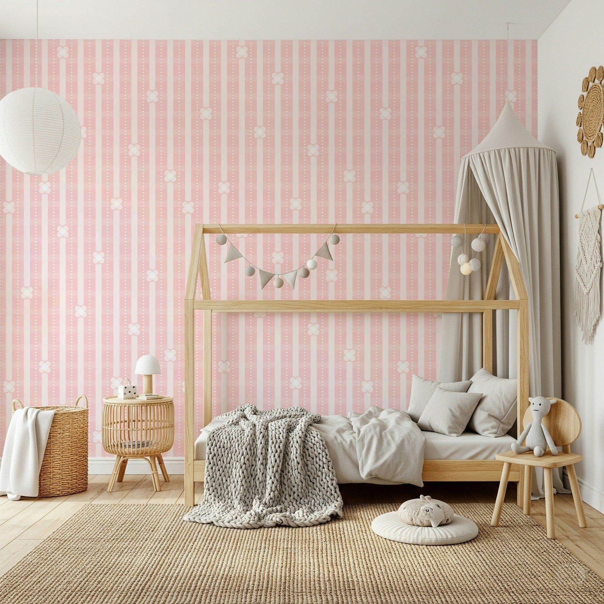 Pink Blossom Stripe Pattern Wallpaper – Artistic wallpaper featuring delicate pink flowers on a striped backdrop.