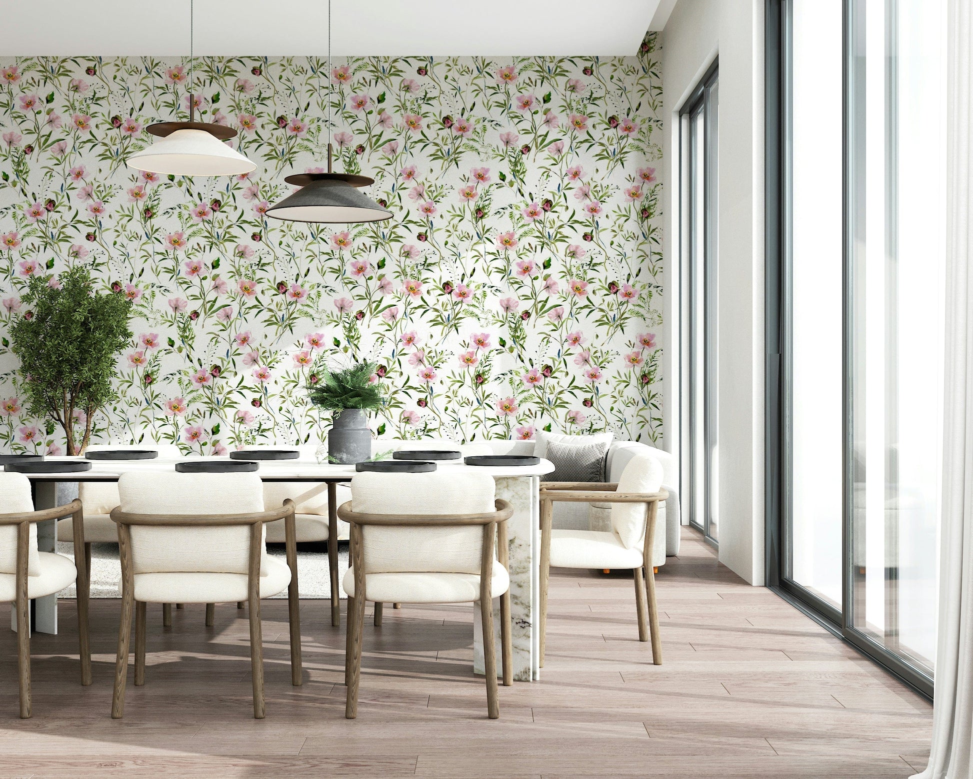 Delicate floral pattern wallpaper mural, soft pink design Blossom Hues.