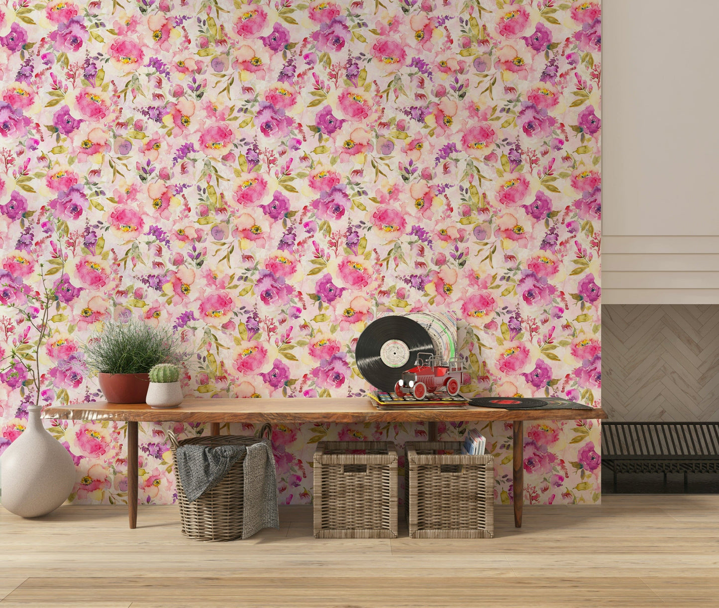 Gorgeous pink flower wallpaper mural design.