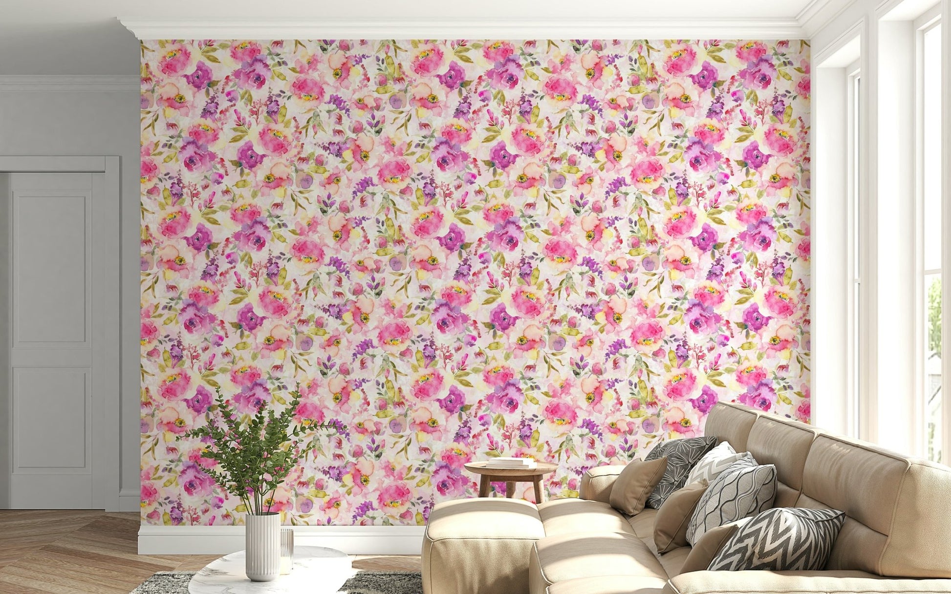 Soft purple blooms floral wall mural pattern.
