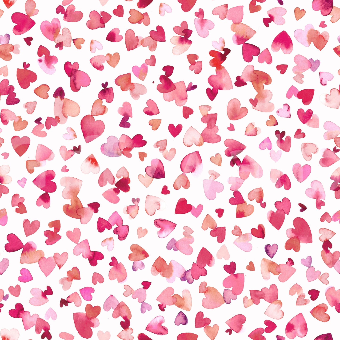 Love Hearts Pink Red wallpaper close-up showing scattered watercolor hearts in pink, red and coral on a white ground