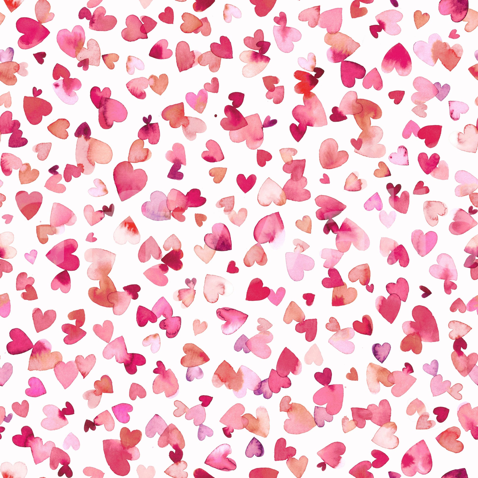 Love Hearts Pink Red wallpaper close-up showing scattered watercolor hearts in pink, red and coral on a white ground