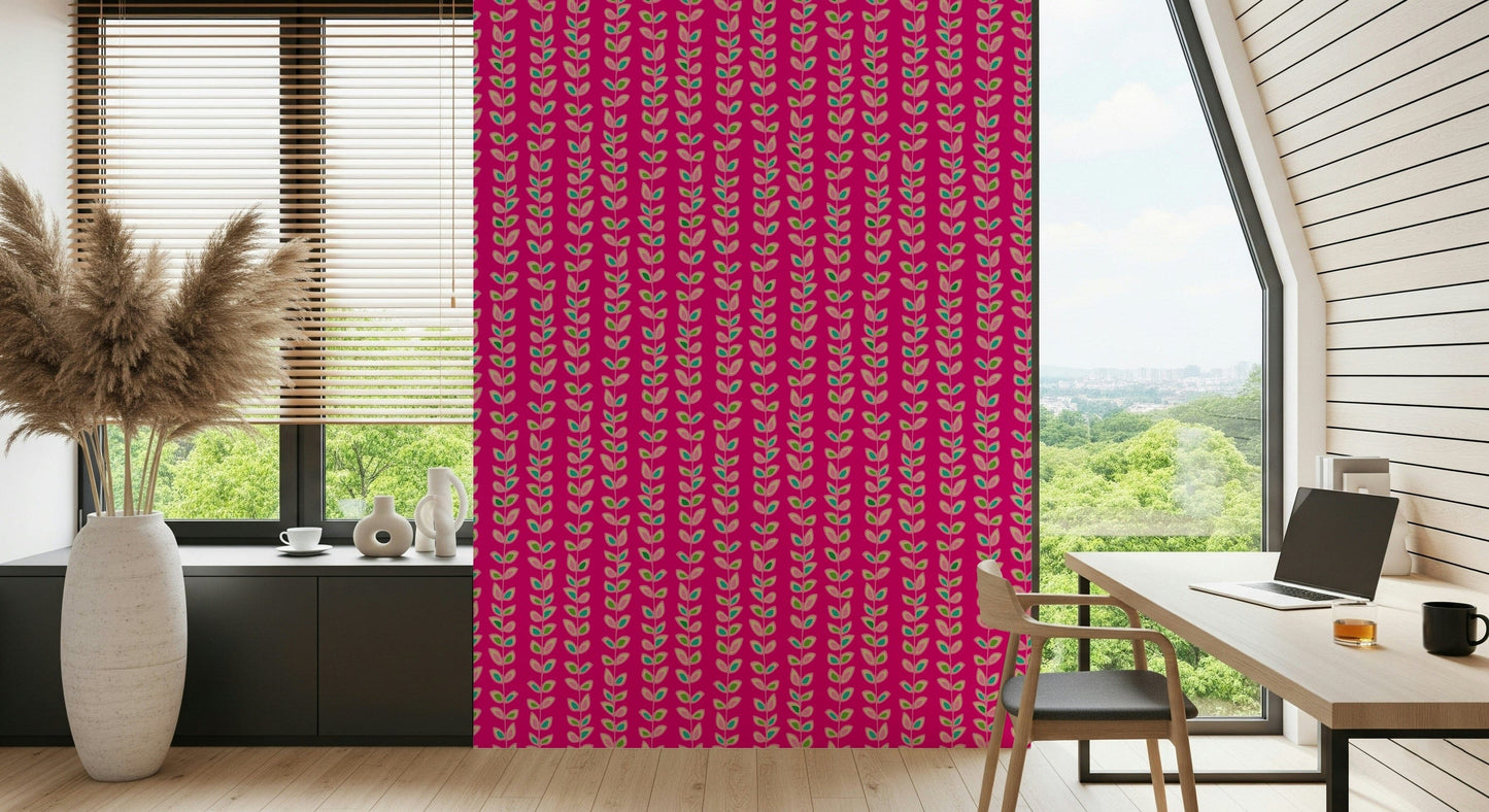 A fun retro wallpaper with stylized leaf motifs arranged on slender vine stripes over fuchsia pink.