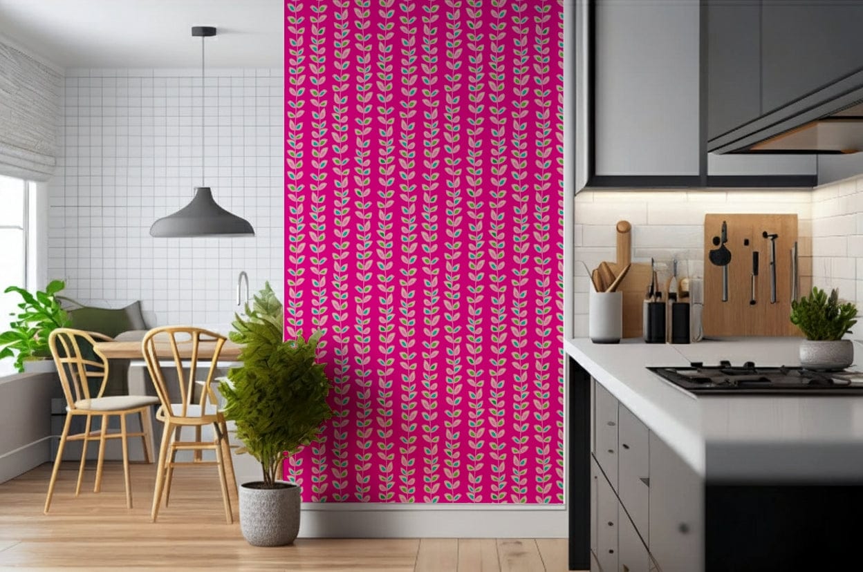 Fuchsia pink wallpaper featuring outlined retro leaf clusters climbing in neat vertical rows.