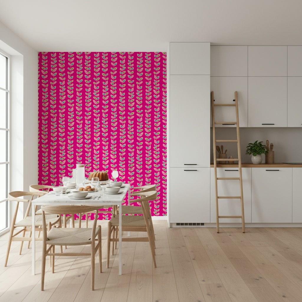 A retro wallpaper with repeating vine patterns and pastel leaves set on a bold fuchsia base.
