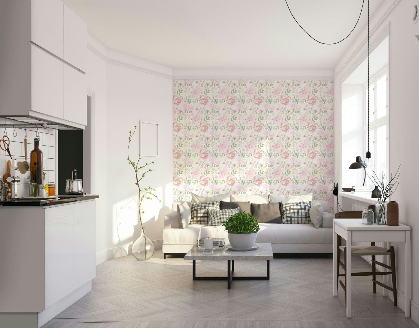 A beautiful rose water garden wallpaper mural for a modern home.

