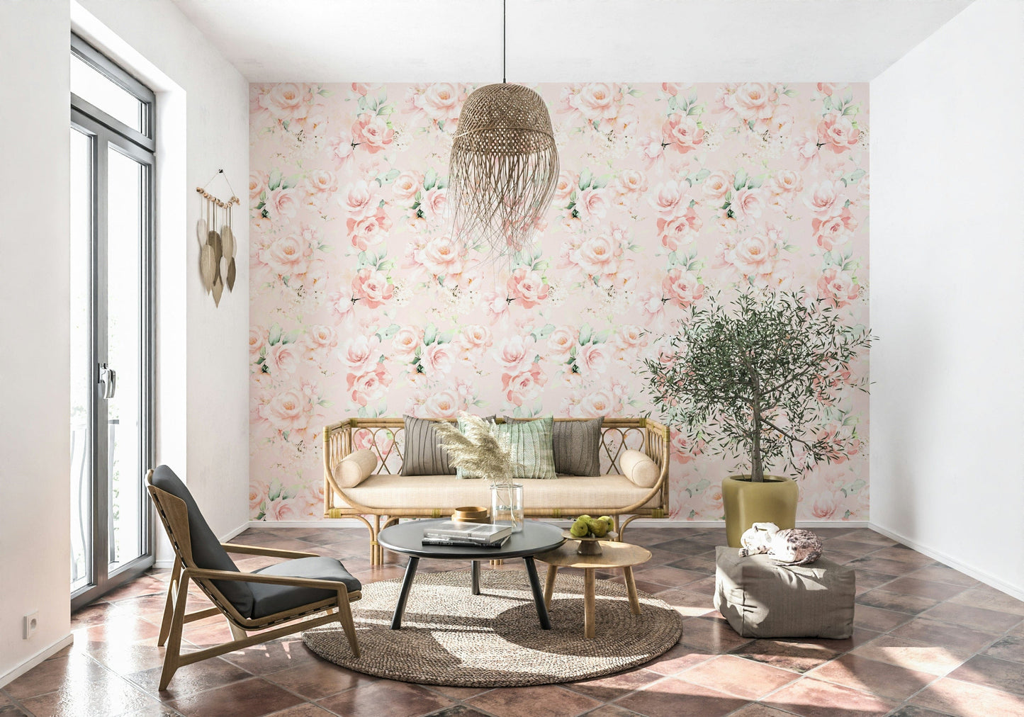 Painted Rose Garden wallpaper for walls subtle blush floral design.