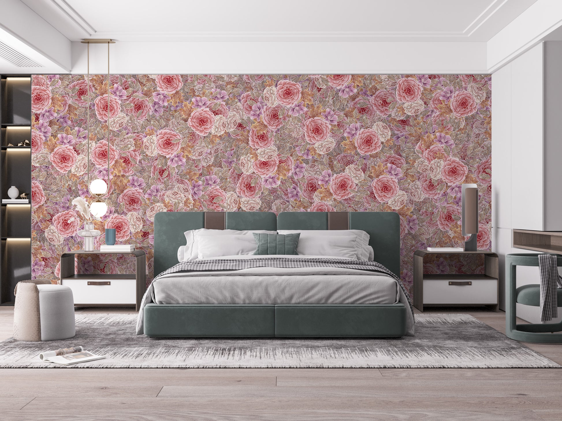 Pink roses floral mural for elegant and timeless wall decor