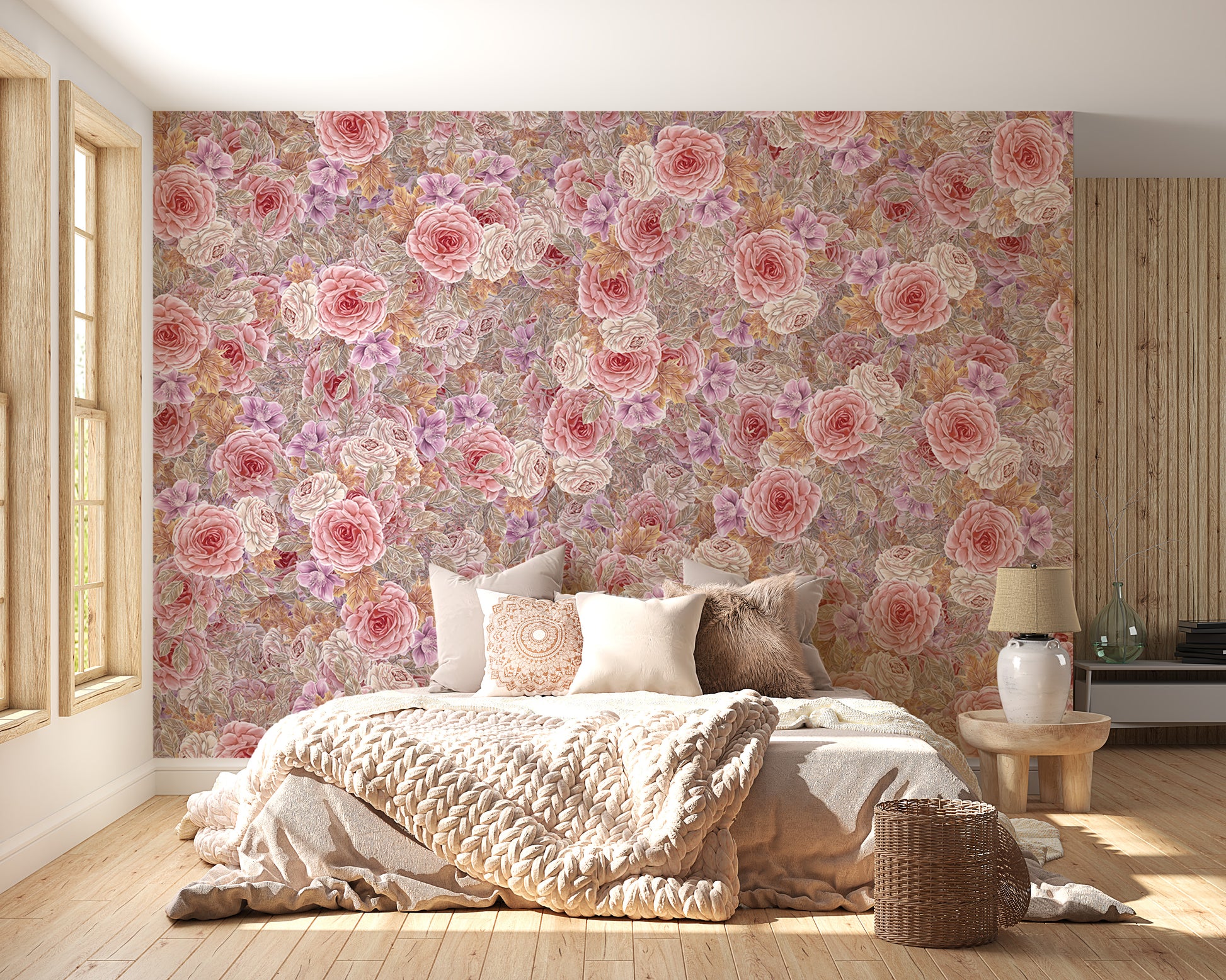 Soft pink rose wallpaper mural creates a romantic ambiance
