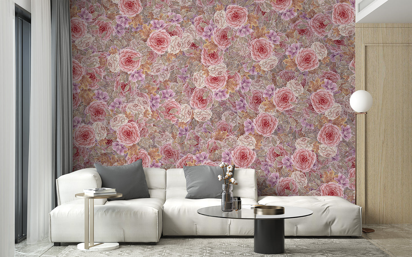 Stylish mural with blooming pink roses in a watercolor style
