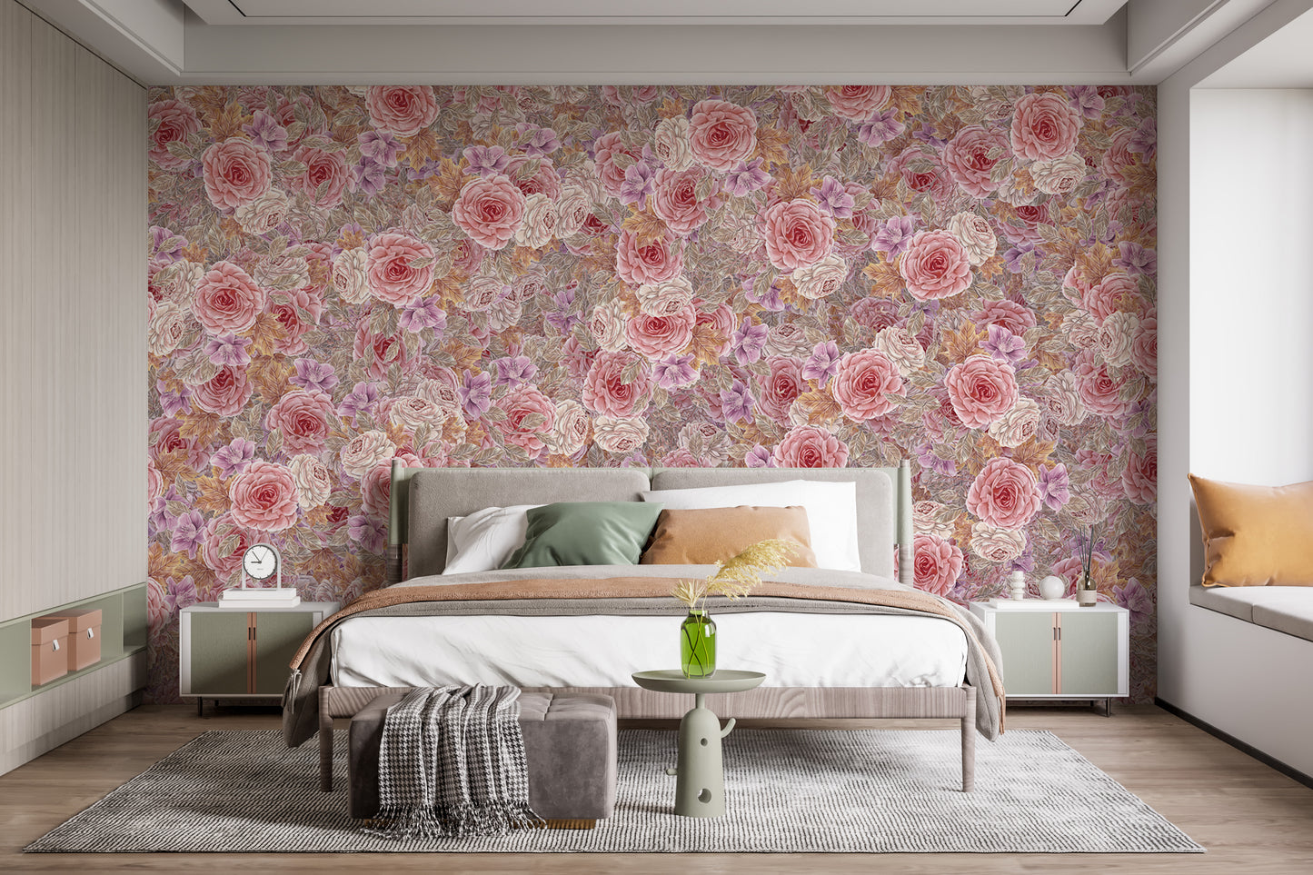 Watercolor mural featuring delicate pink roses in bloom
