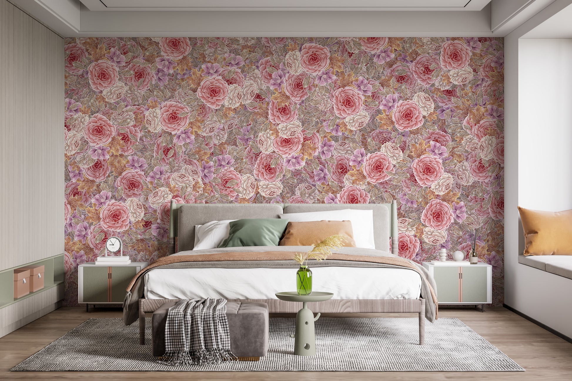 Watercolor mural featuring delicate pink roses in bloom

