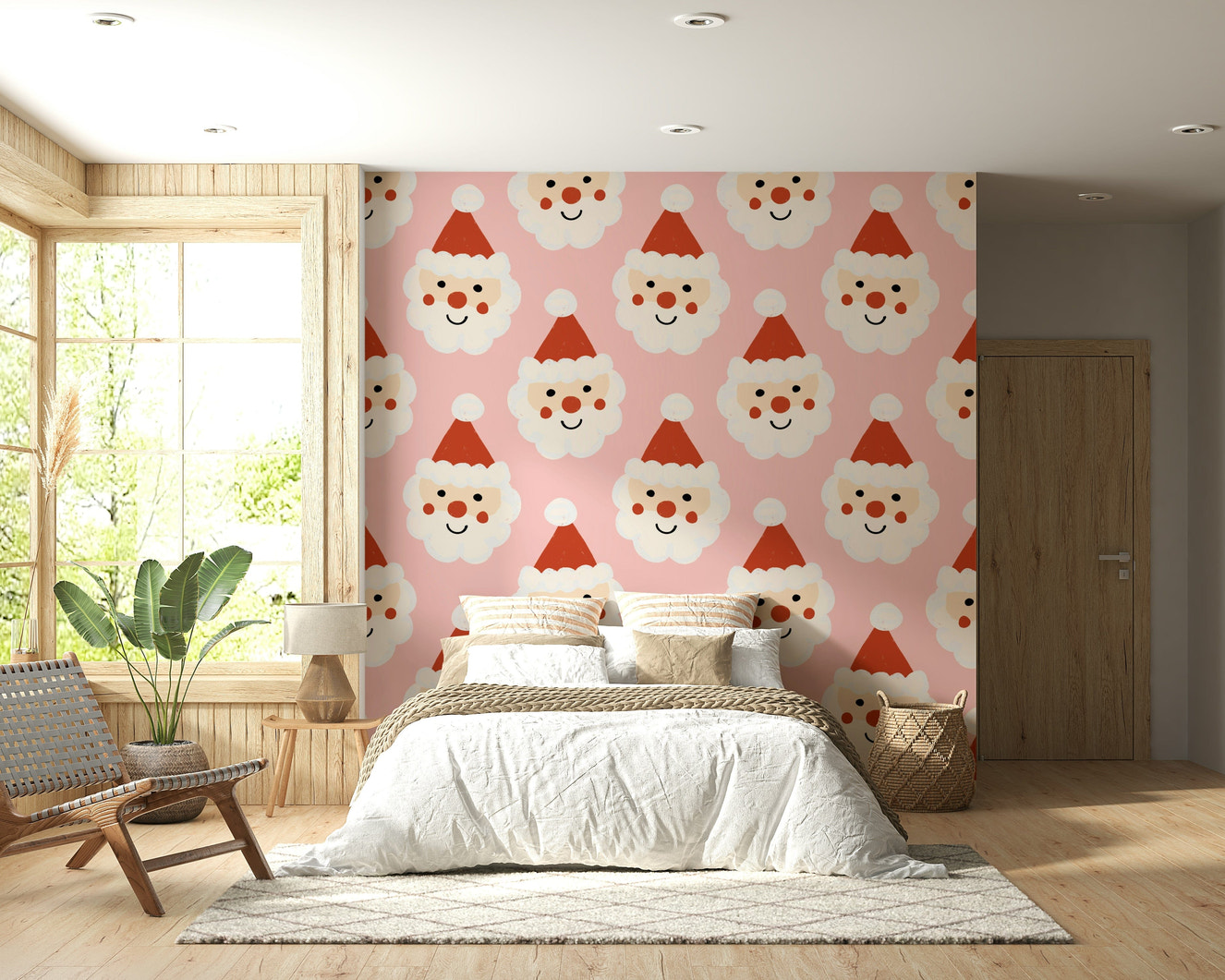 Playful Santa faces with rosy cheeks and red hats arranged in a festive repeating wallpaper pattern.