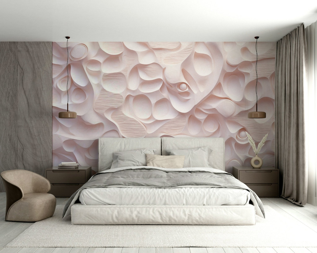 A wall mural of a sculpted pink surface.

