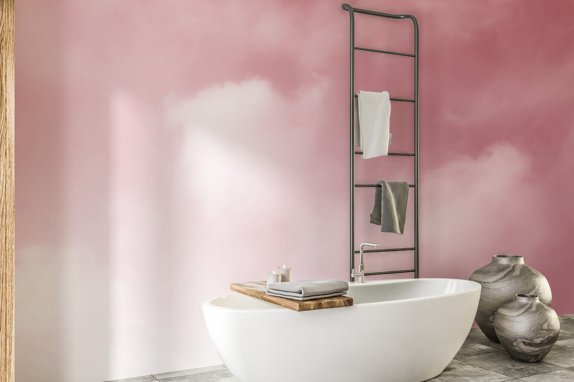 Pink Sky And Clouds wallpaper in soft pink cloud tones behind a white freestanding bathtub and towel ladder in a bathroom