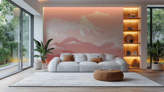 Pink Snow Capped Mountain wallpaper mural shown as a full feature wall that highlights the design