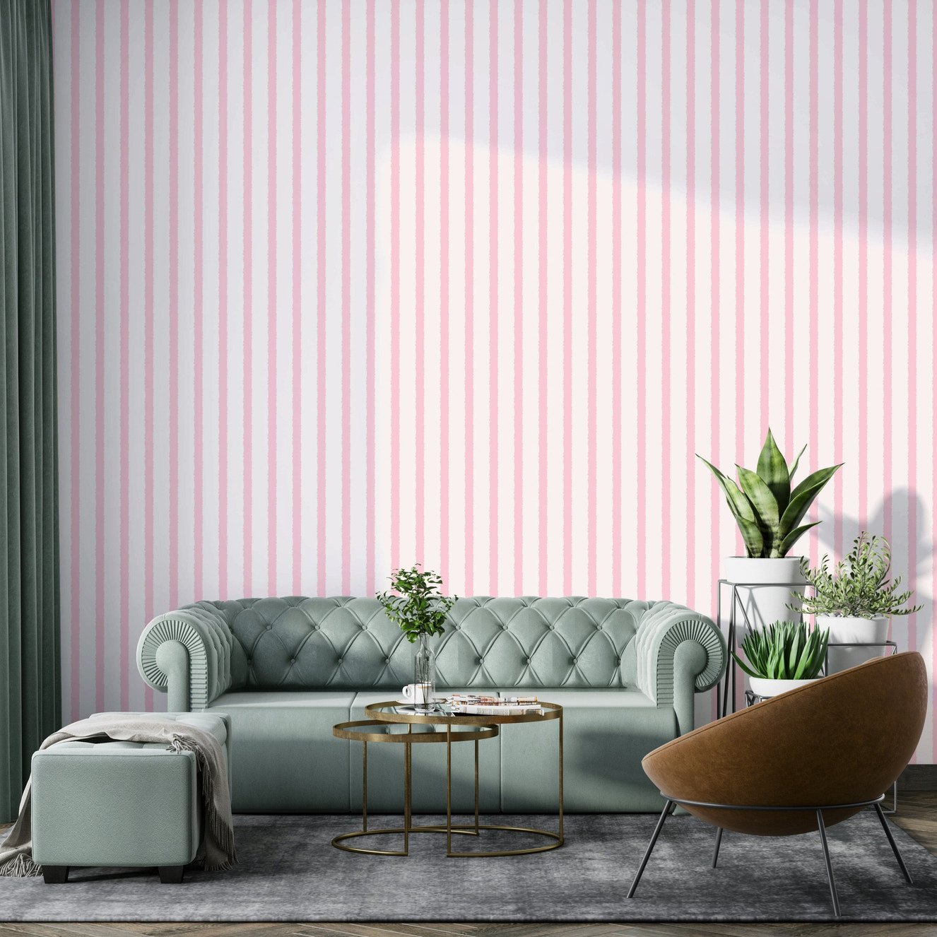 A beautiful pink organic stripe wallpaper mural for a modern home.

