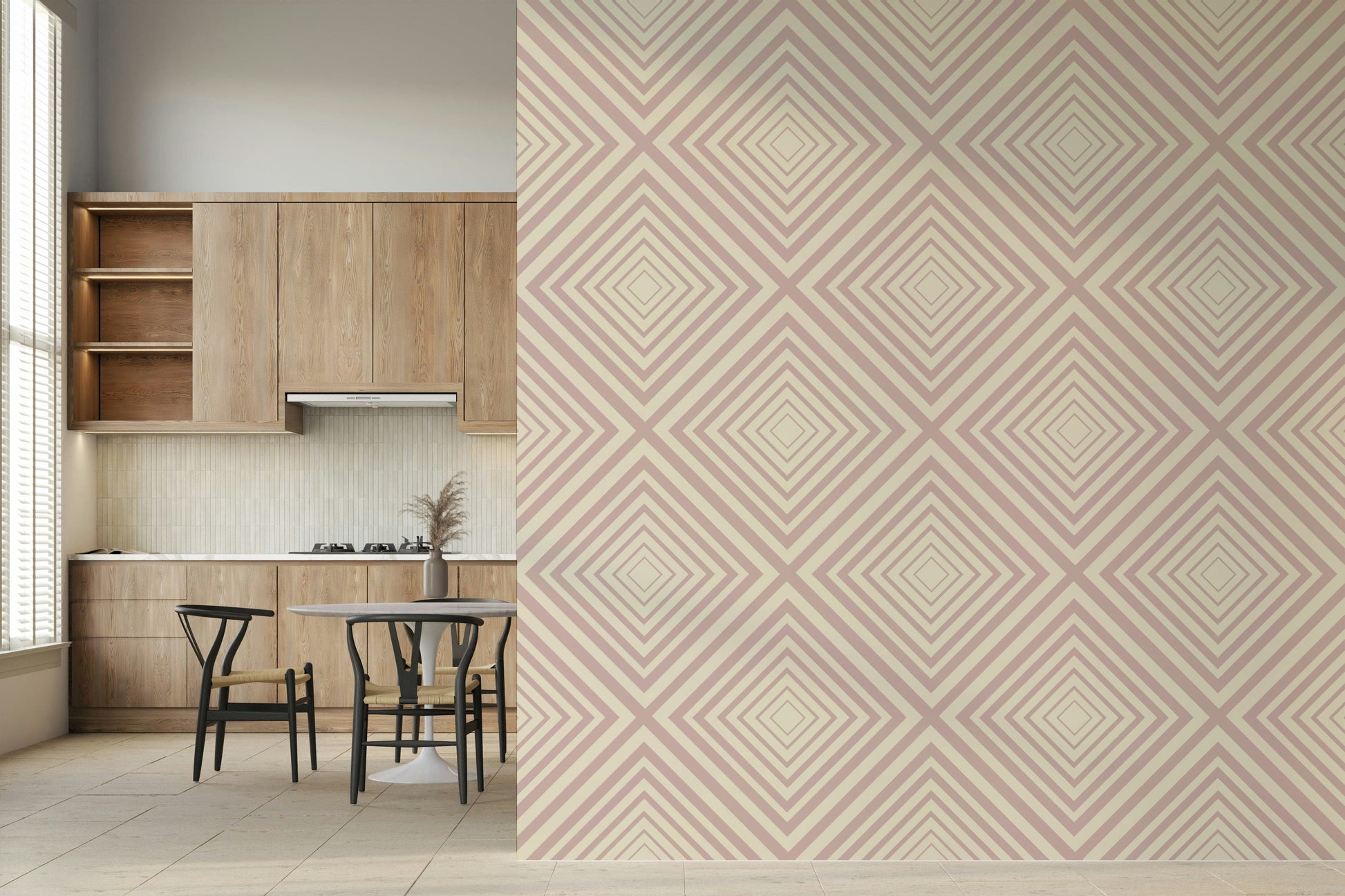 Muted pink and cream colors define Angled Stripes for walls.