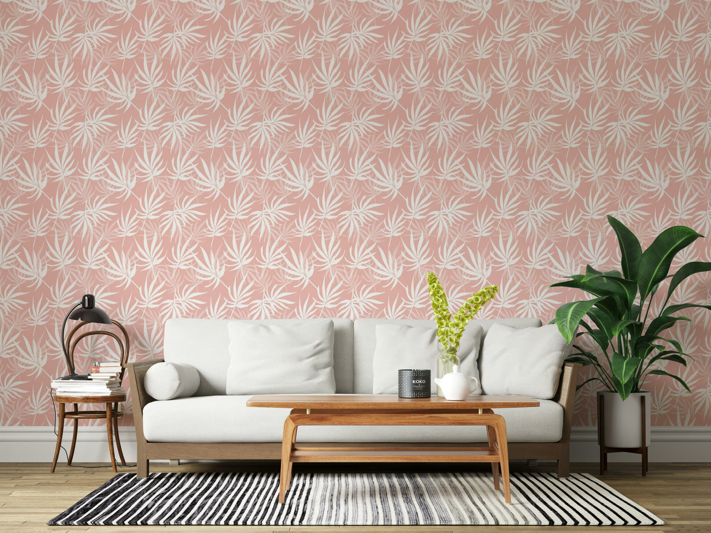 Chic Tropical Blush nursery wallpaper delicate jungle leaves print.