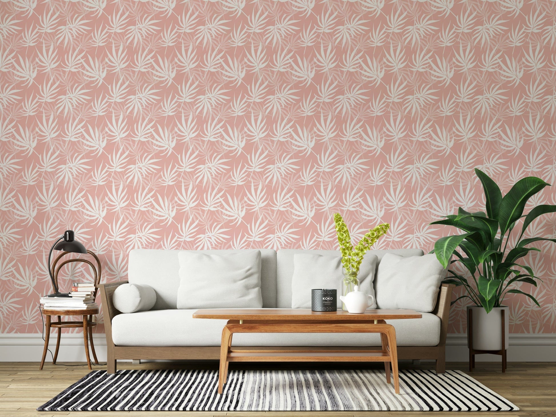 Chic Tropical Blush nursery wallpaper delicate jungle leaves print.
