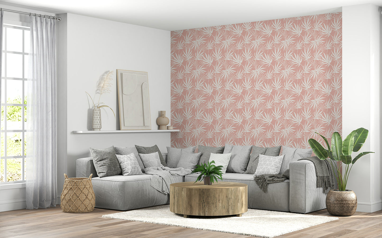 Stylish Tropical Blush wallpaper for walls soft pink palm fronds.