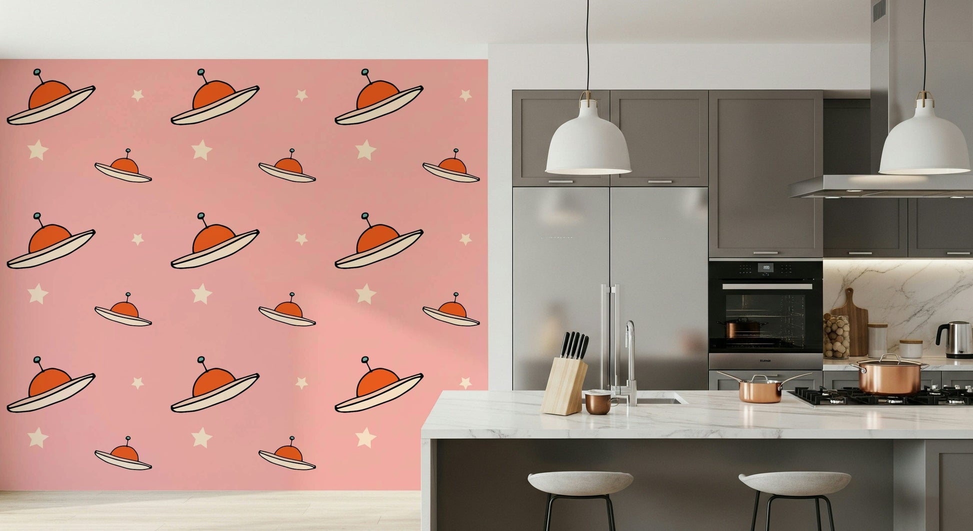 Nursery Kids Minimal Vintage UFO Pink product, charming retro alien spaceships.
