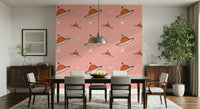 Space-themed Kids Minimal Vintage UFO Pink mural for walls, adorable design.