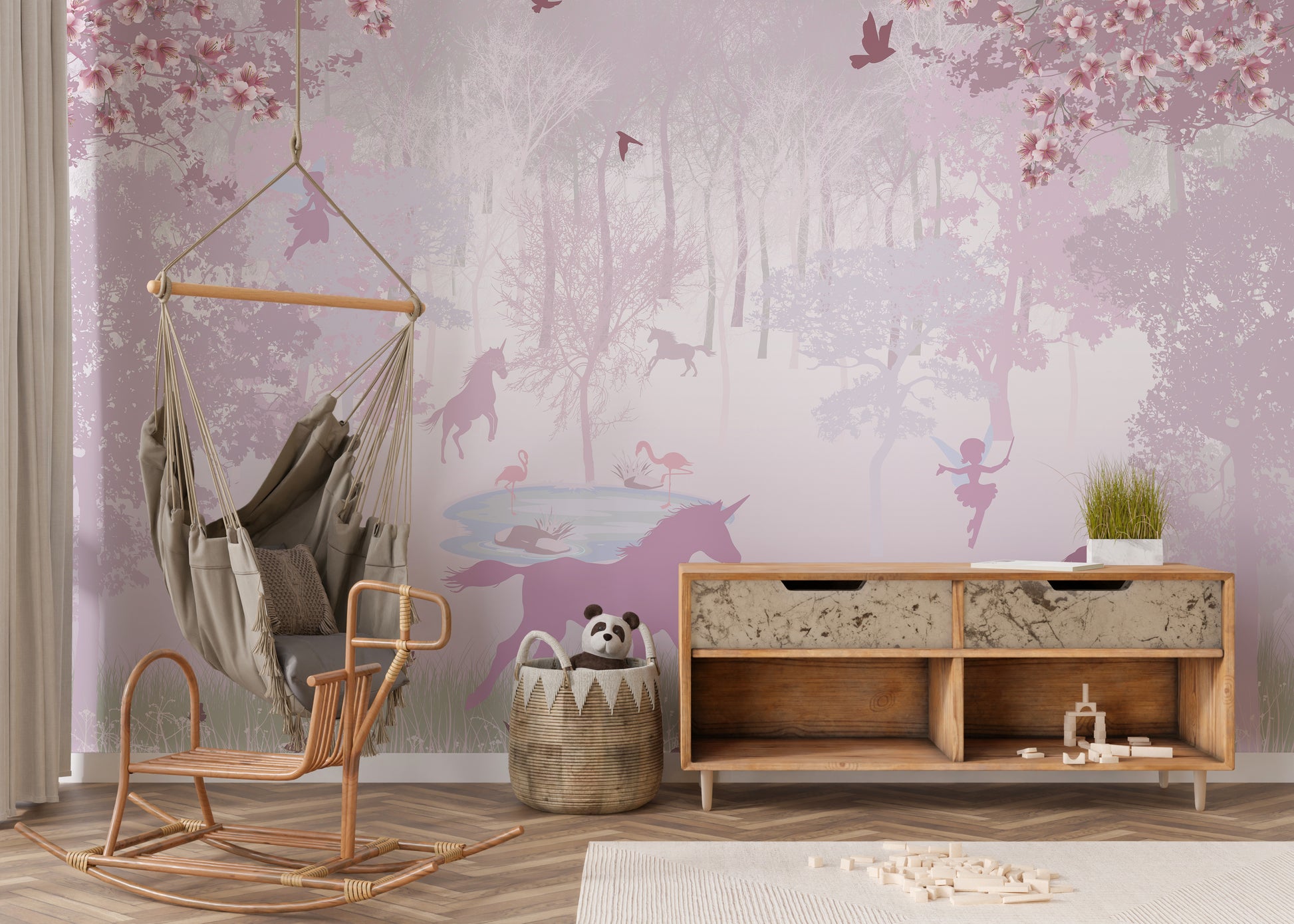 Pink Unicorn in Forest Wallpaper Mural - Giffywalls