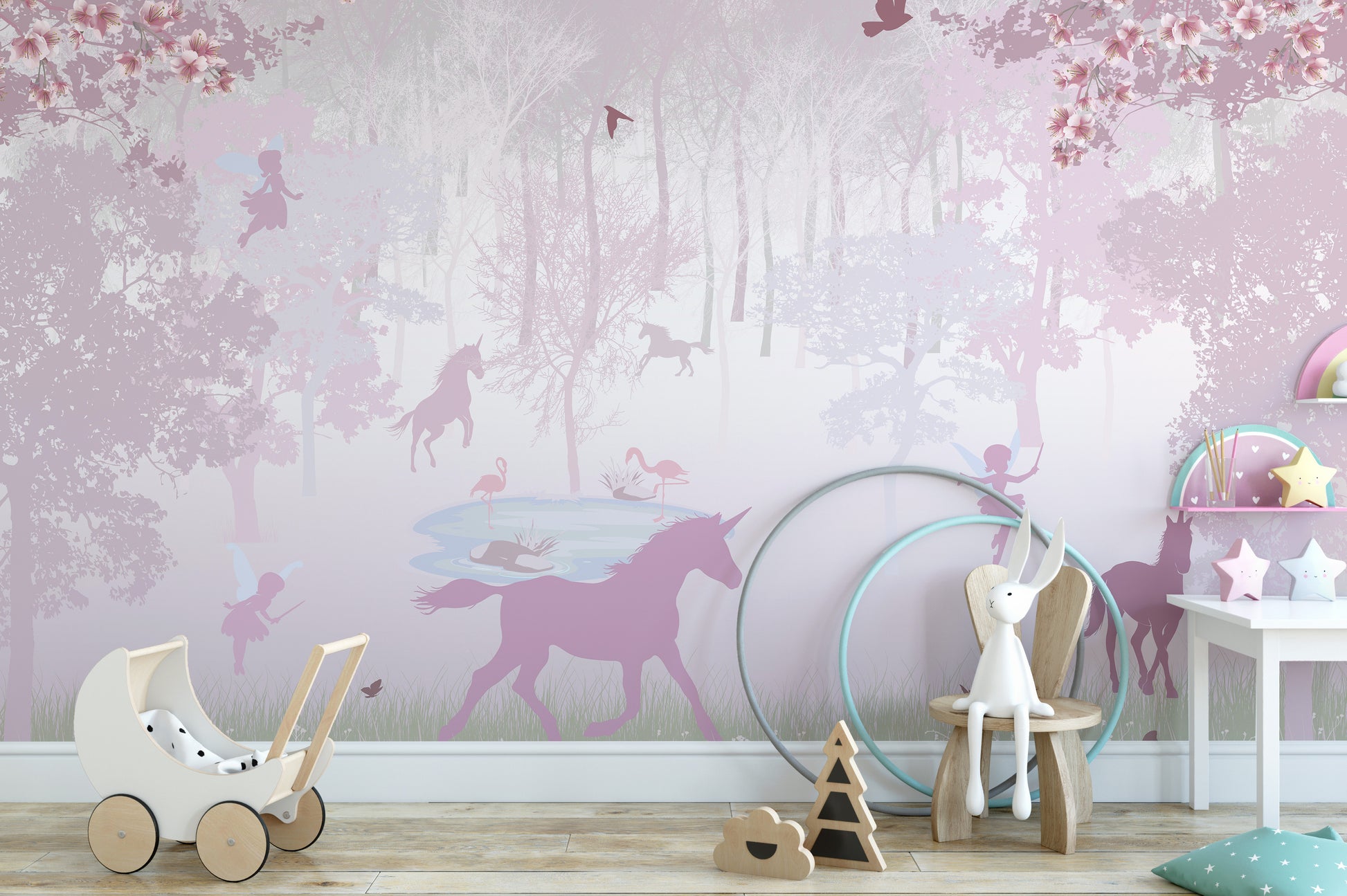 Fairytale pink unicorn mural design
