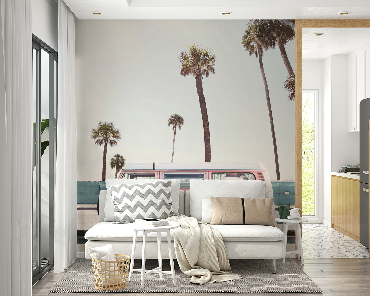 Cute pink van wallpaper for children’s rooms

