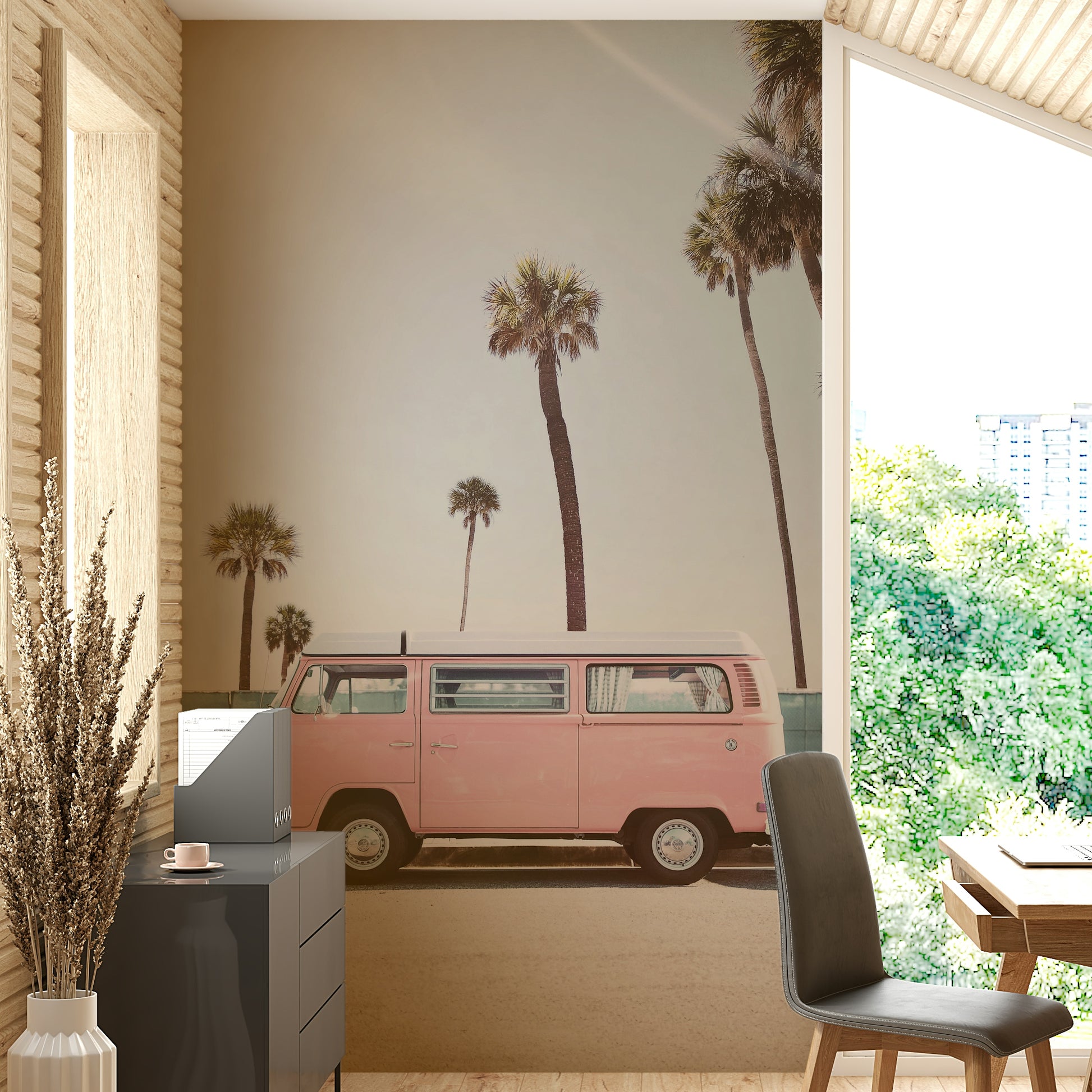 Colorful pink van mural for creative spaces


