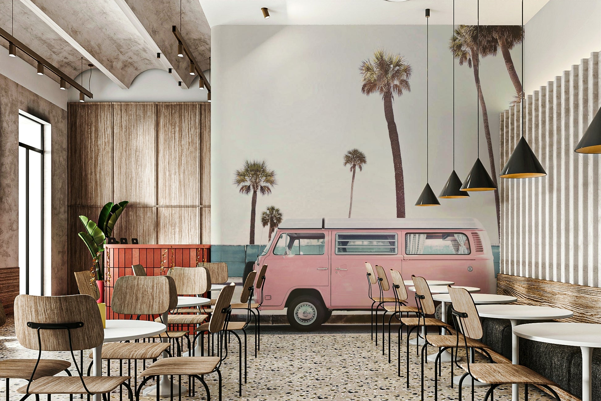 Retro pink van wallpaper with a playful vibe

