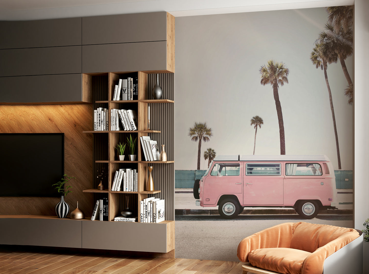 Fun and quirky pink van wallpaper for walls

