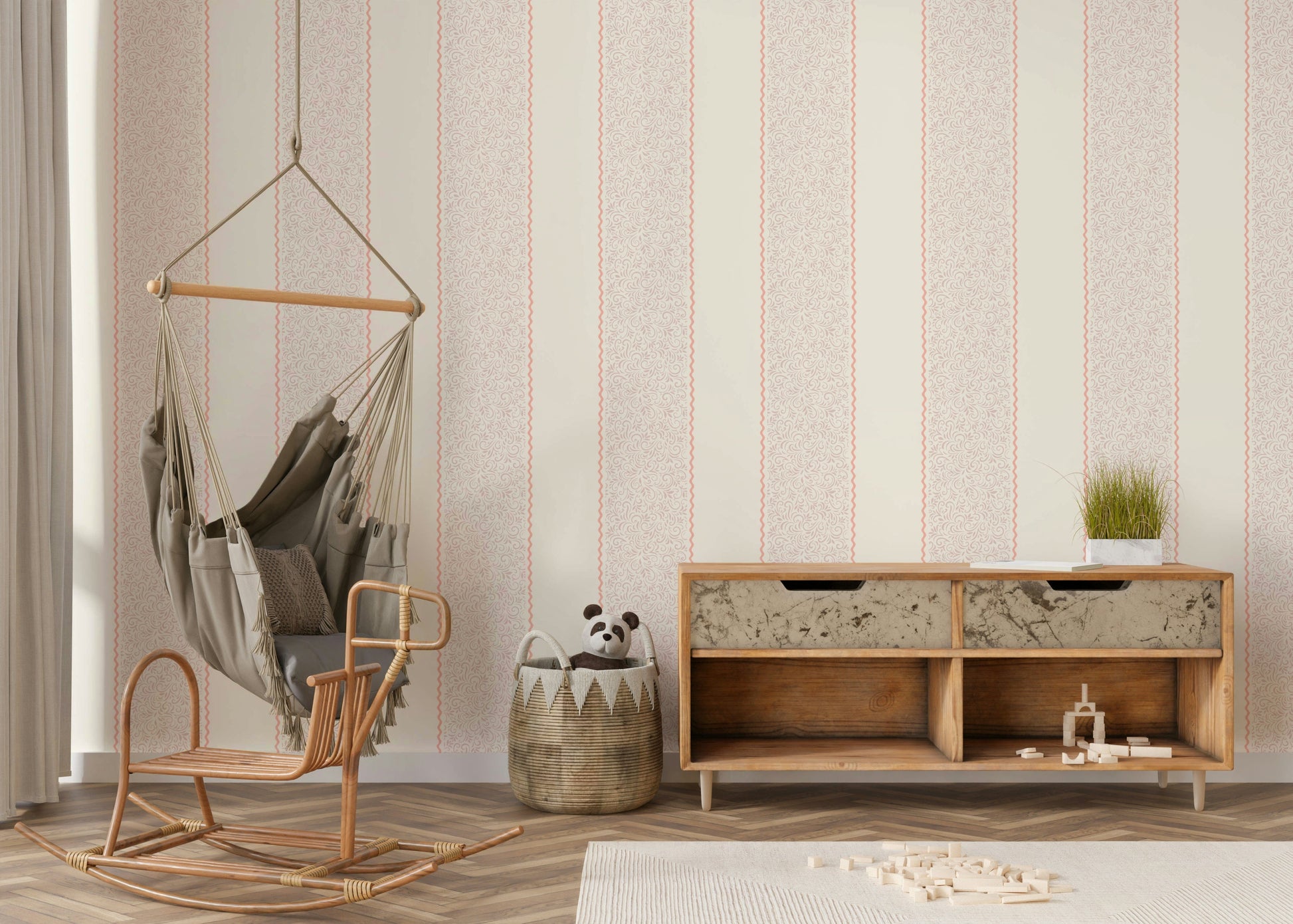 The colors are gentle and muted, with a classic, beige and gray palette.

