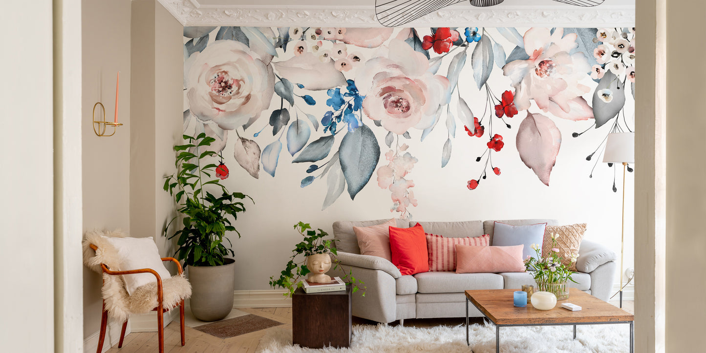 Pink Watercolor Flowers Wall Covering