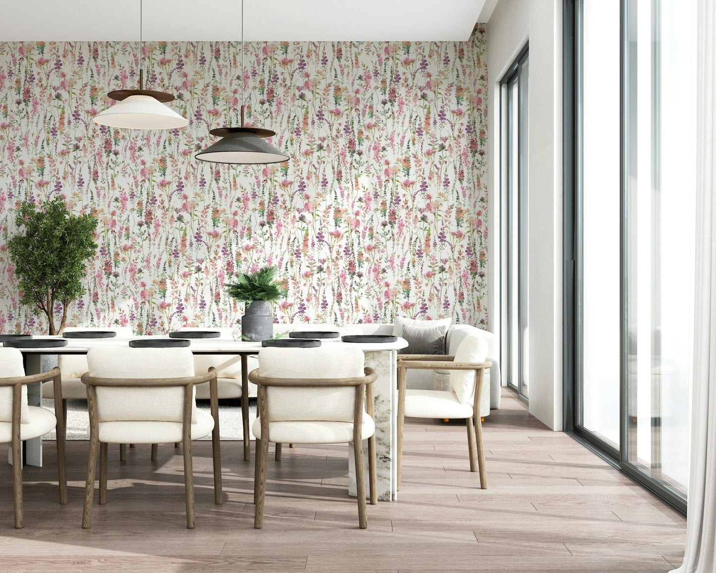 Beautiful Wallpaper for Walls Pink Watercolor Meadow art.