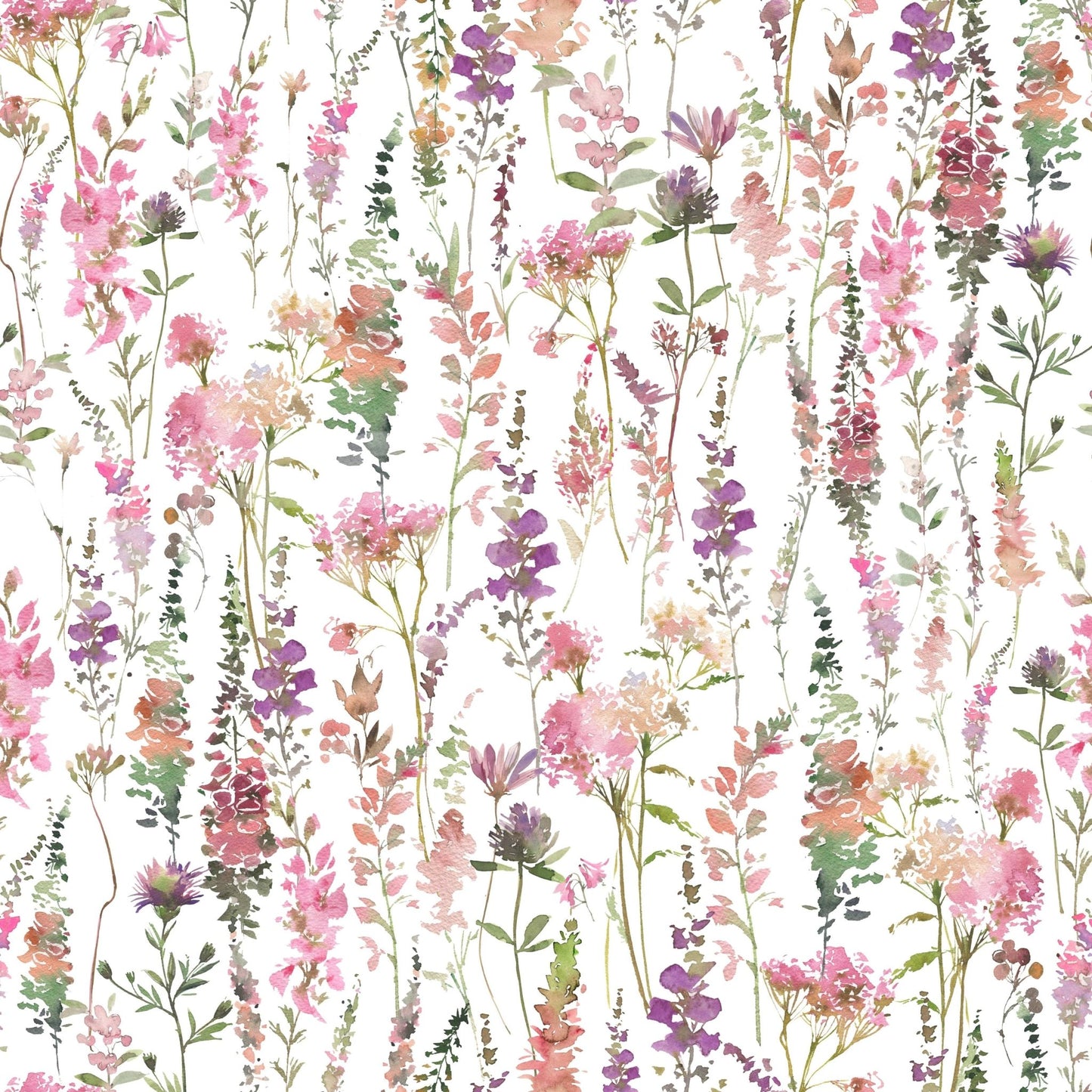 Whimsical floral stems wallpaper Pink Watercolor Meadow look.
