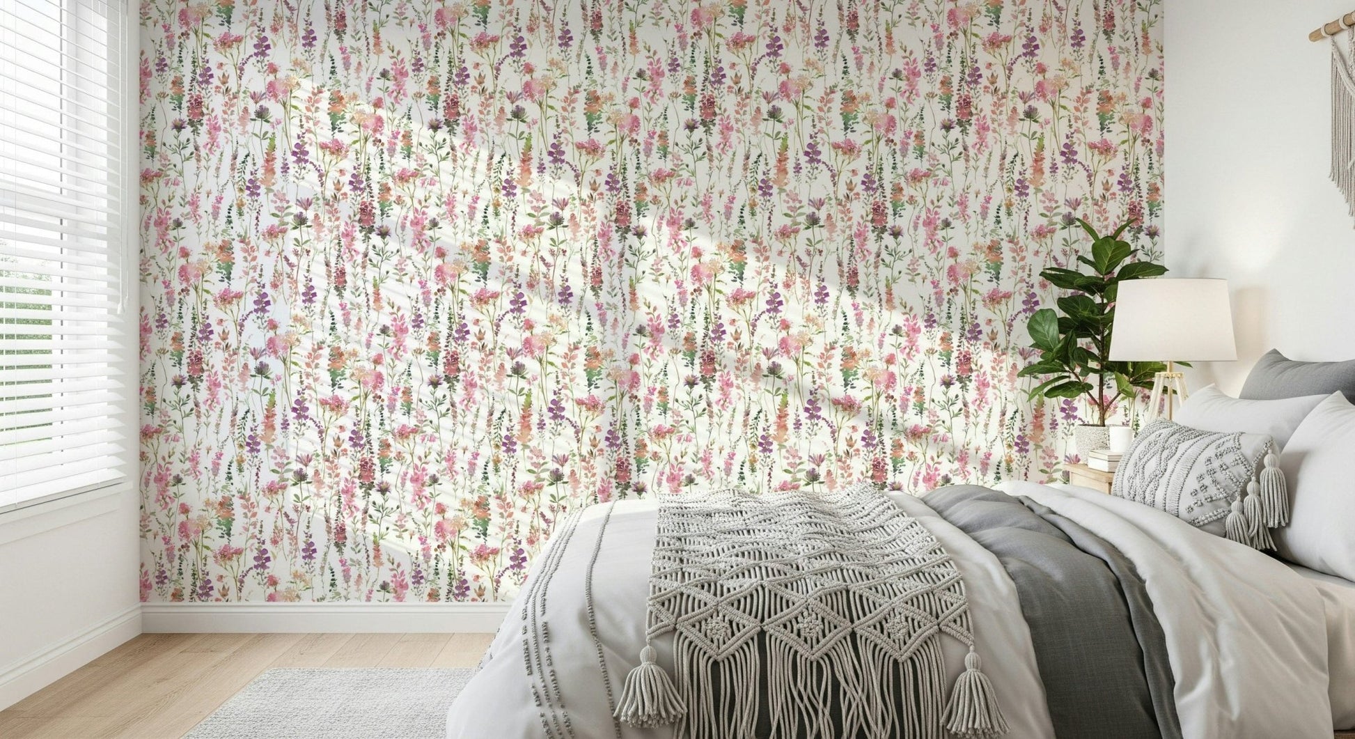 Pink Watercolor Meadow Peel and Stick botanical print.