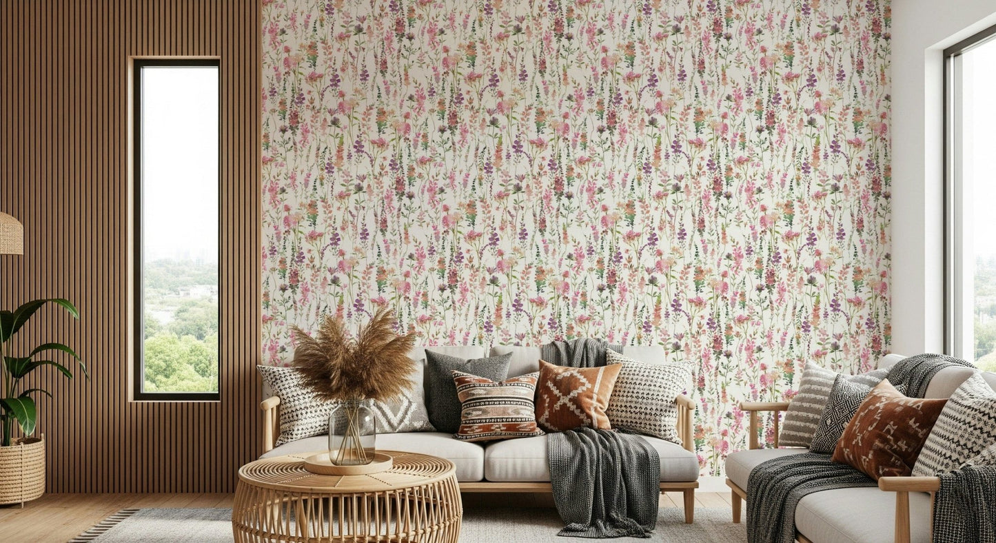 Dreamy pastel wall covering Pink Watercolor Meadow graphic.