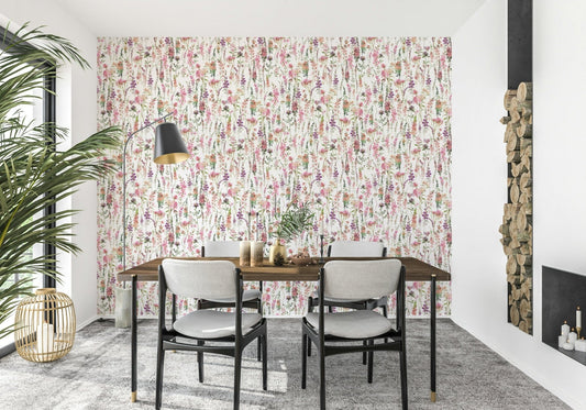 Pink Watercolor Meadow Wall Mural with soft floral design.