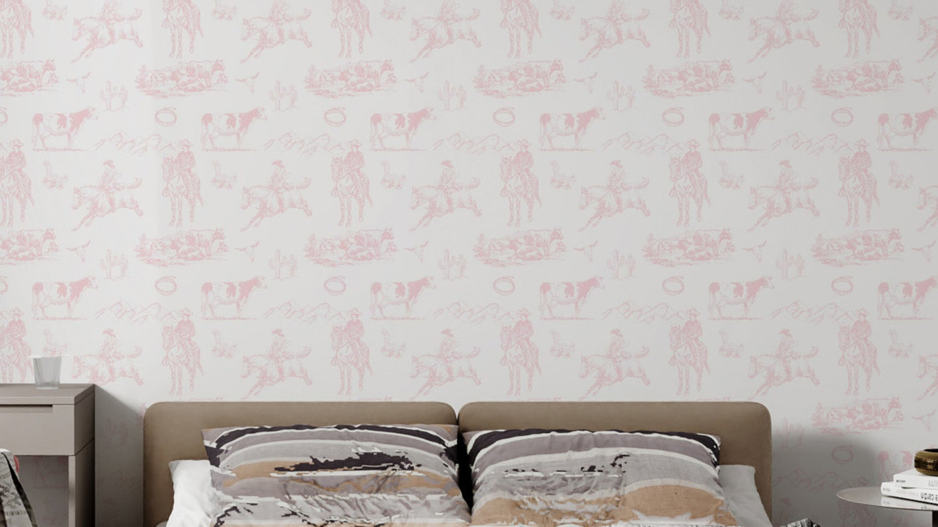 Pink Western Toile Wallpaper with Vintage Cowgirl Design
