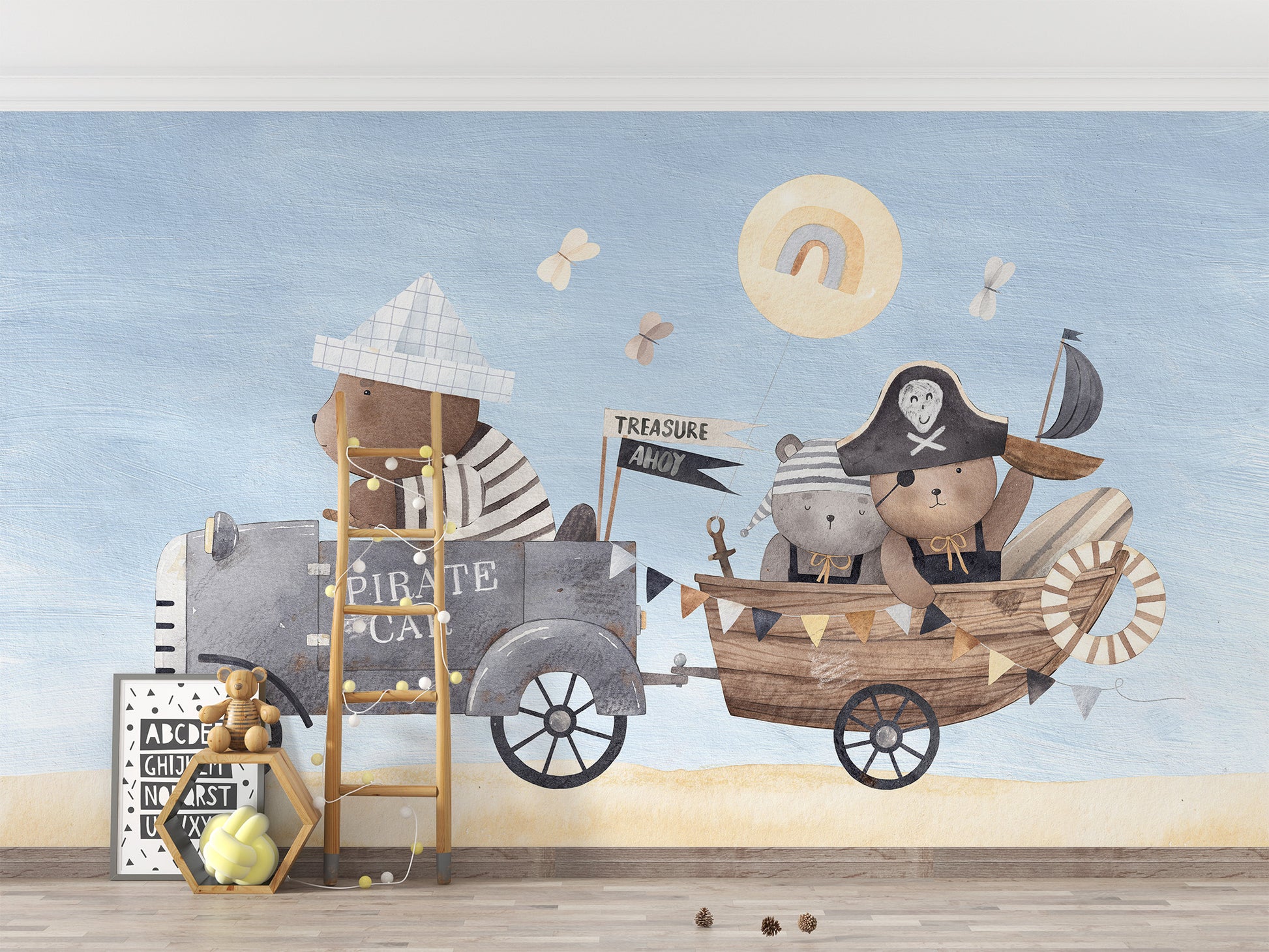 Delightful pirate bear-themed wall mural for magical kids' spaces.