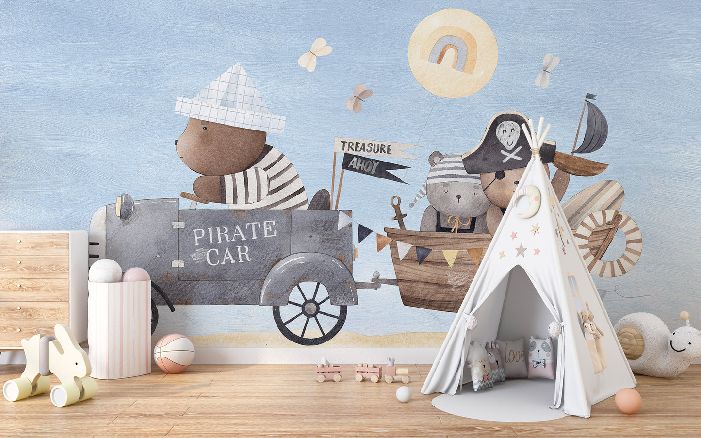 Charming pirate bear wallpaper mural for children's spaces.
