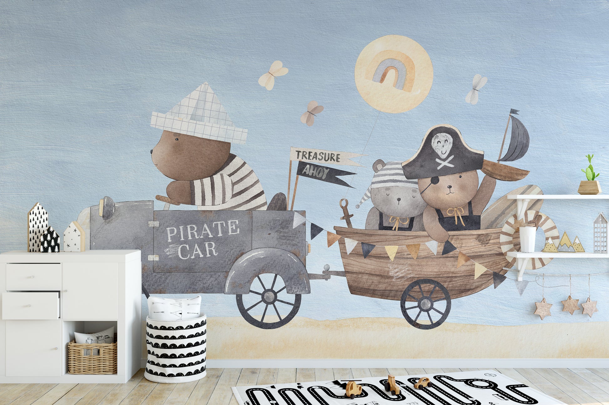 Vibrant pirate bear-themed wallpaper for adventurous kids.