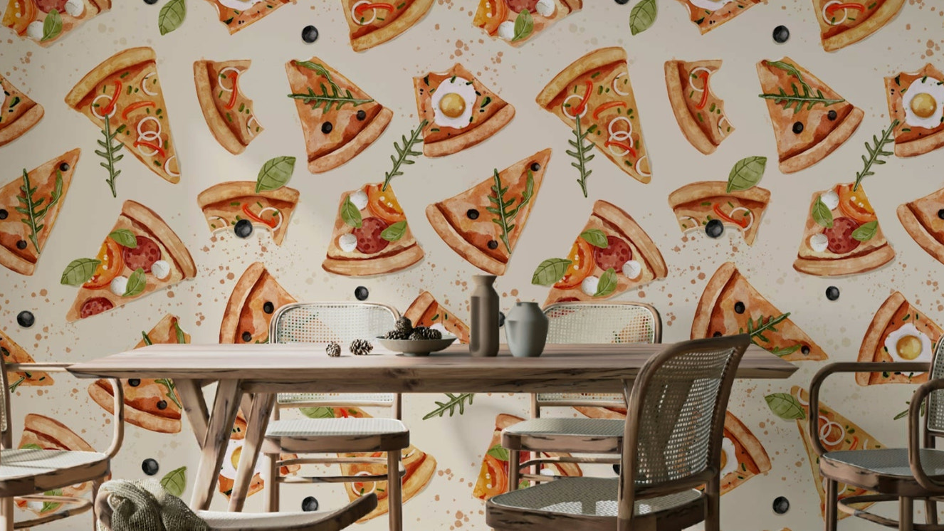Watercolor pizza slices for cafe wall

