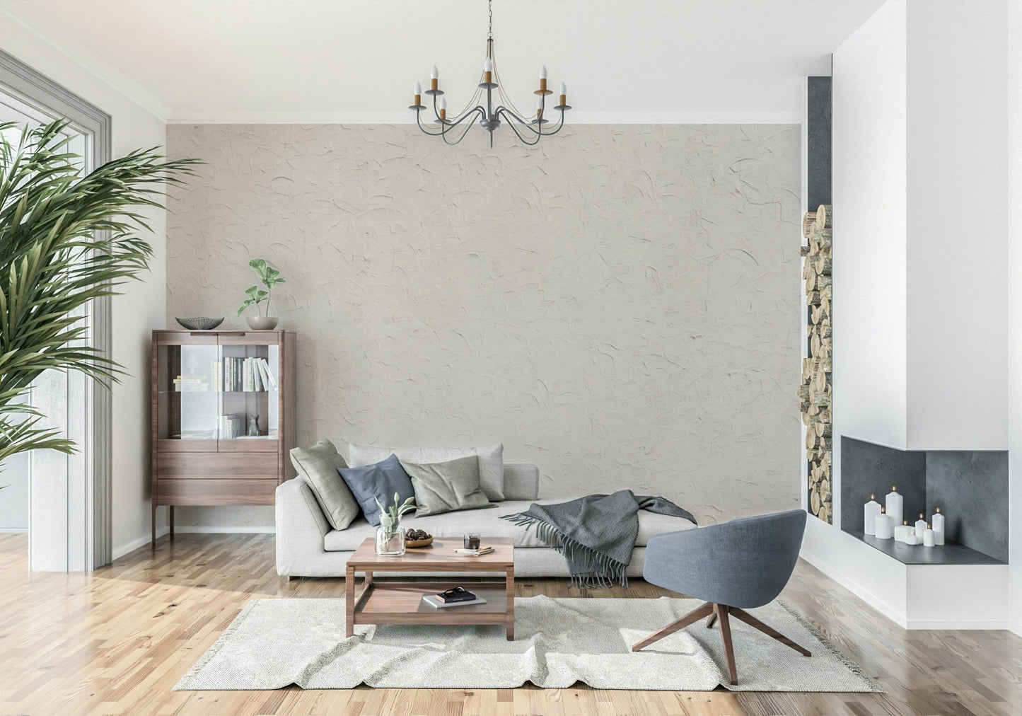 Artistic wall covering with soft beige plaster textures and depth